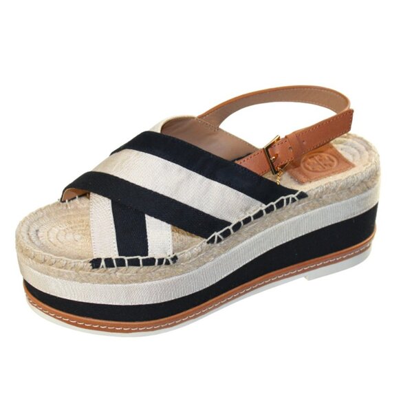 Tory Burch Grosgrain Ribbon Cream And Black Sling Back Platform Sandal, Size 8 - Picture 3 of 11